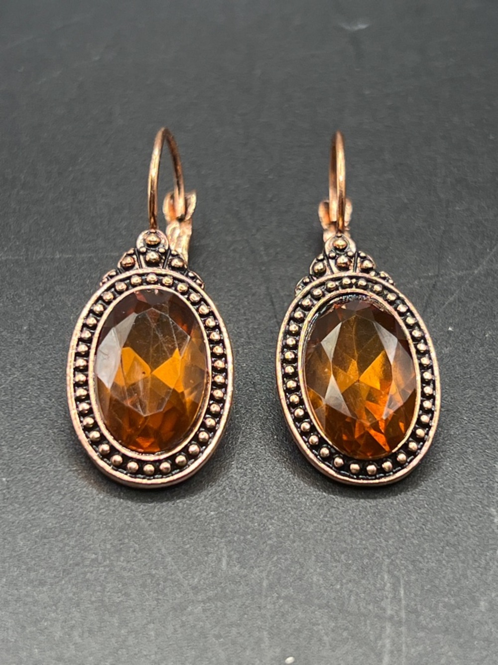 1928 Amber Faceted Oval Drop Earrings in Rose Gold Tone